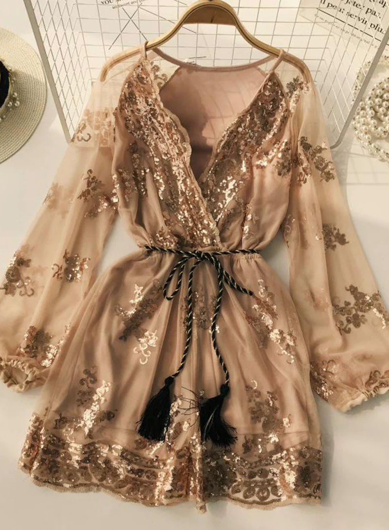 A line v neck sequins long sleeve dress 049 - Image 3