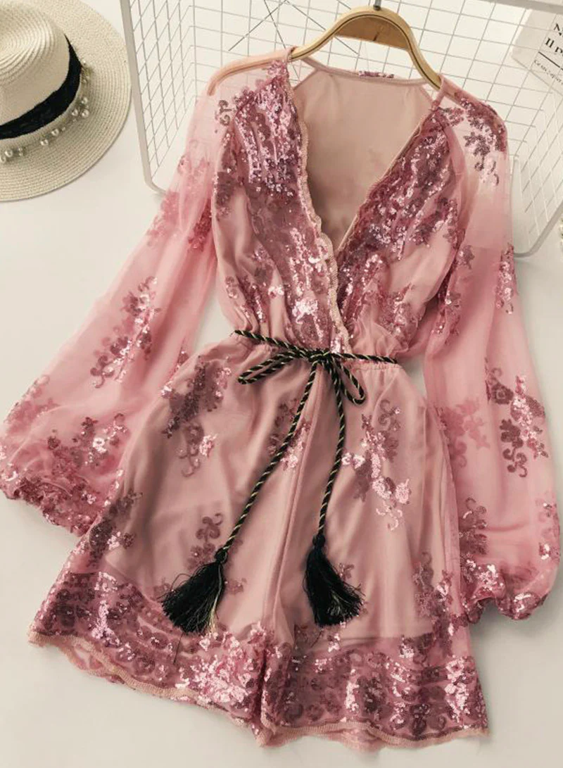 A line v neck sequins long sleeve dress 049 - Image 4