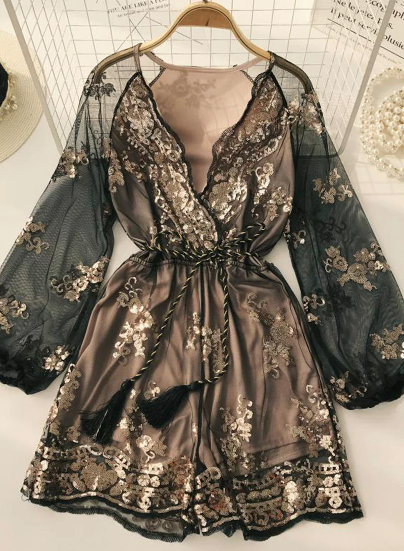 A line v neck sequins long sleeve dress 049 - Image 6