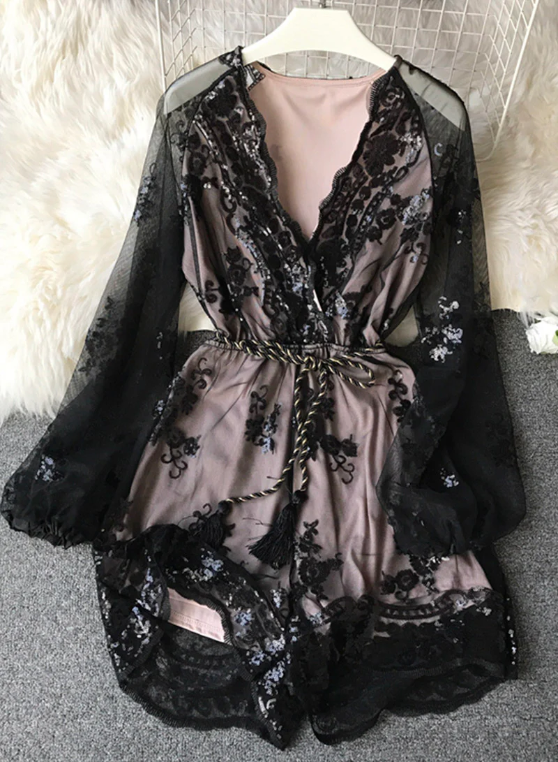 A line v neck sequins long sleeve dress 049 - Image 7