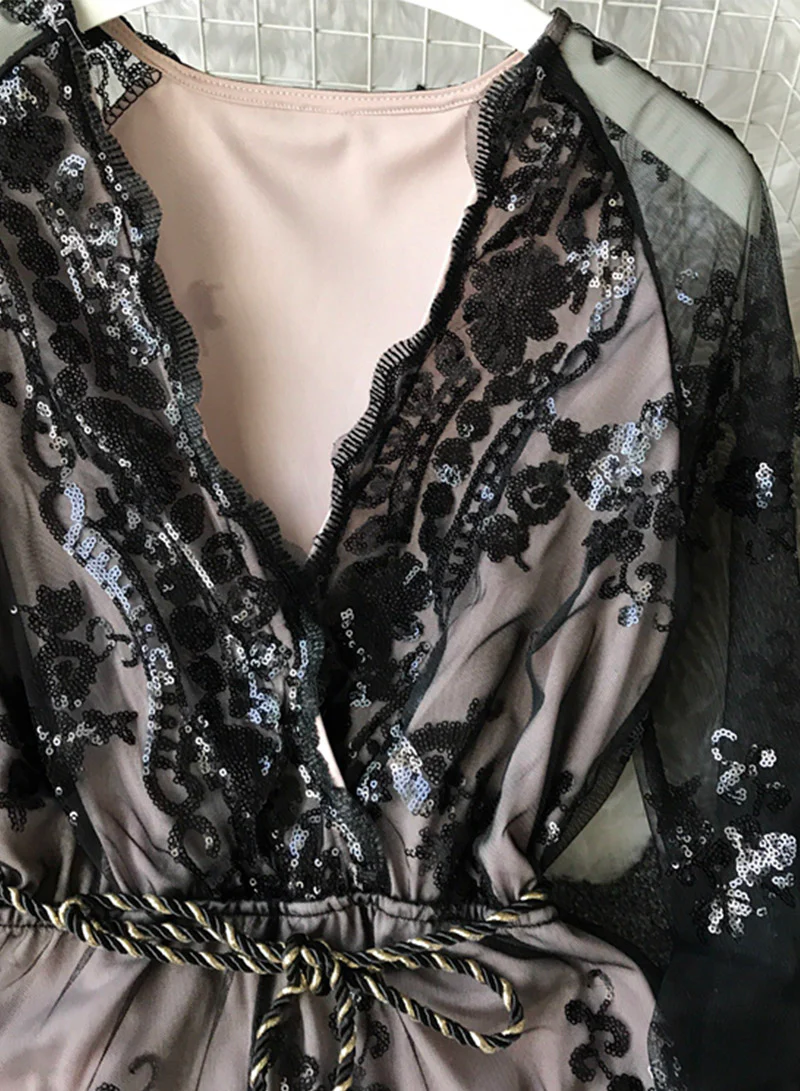 A line v neck sequins long sleeve dress 049 - Image 8