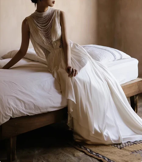 Chic satin heavy pearl necklace sexy backless small train wedding dress P2744 - Image 4