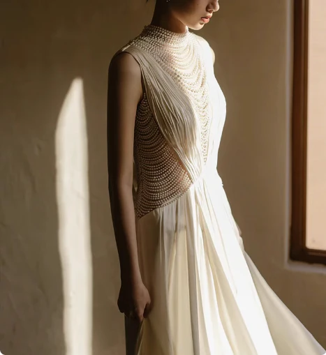 Chic satin heavy pearl necklace sexy backless small train wedding dress P2744 - Image 5