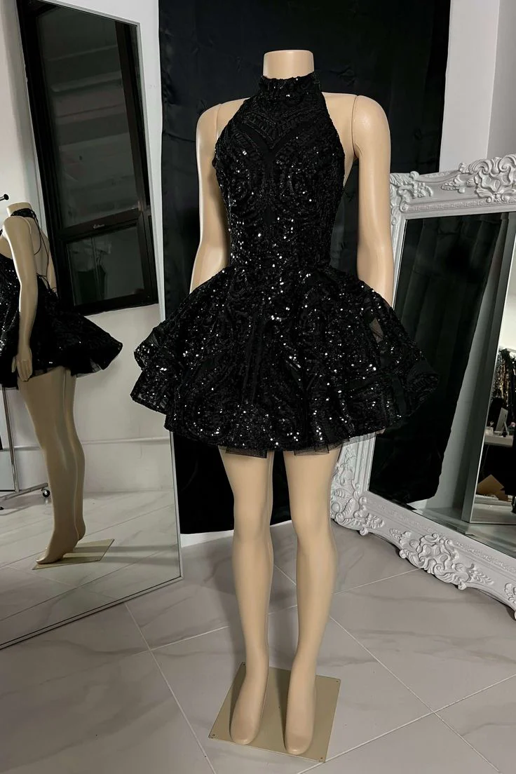Classic High Neck Sequins Appliques Short Homecoming Dress For Black Women Birthday Outfits P2265 - Image 3