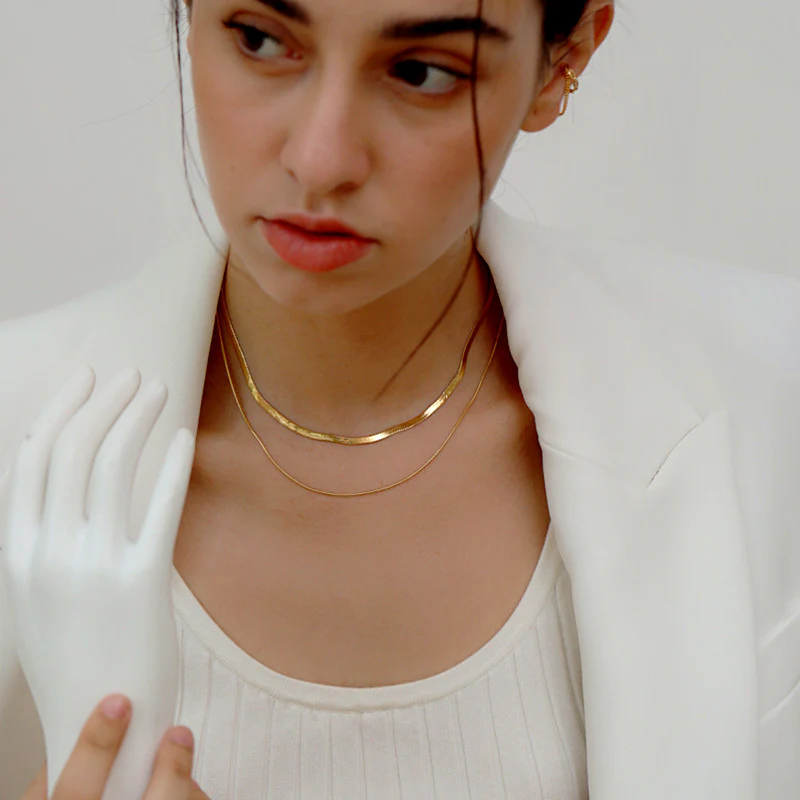 Dainty Snake Double layer Choker,Snake Chain Necklace,Herringbone Necklace,Gold Double Chain,Omega Chain Necklace,Thin Chain Necklace E019 - Image 3