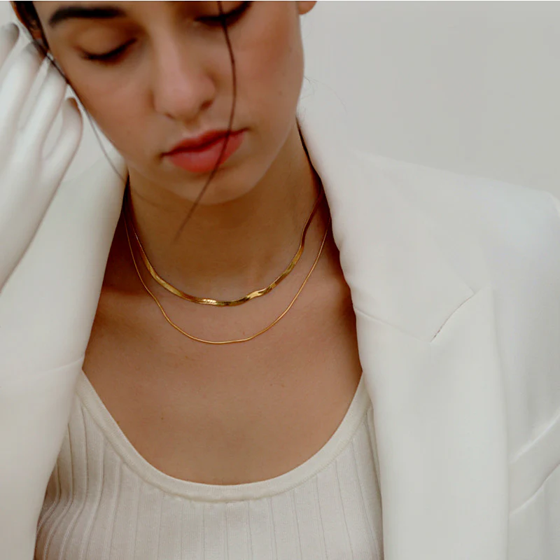 Dainty Snake Double layer Choker,Snake Chain Necklace,Herringbone Necklace,Gold Double Chain,Omega Chain Necklace,Thin Chain Necklace E019 - Image 4