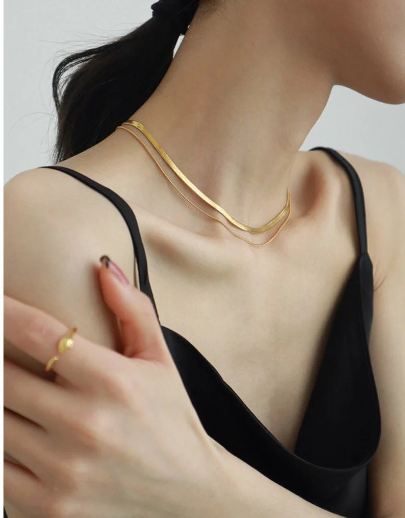 Dainty Snake Double layer Choker,Snake Chain Necklace,Herringbone Necklace,Gold Double Chain,Omega Chain Necklace,Thin Chain Necklace E019 - Image 5
