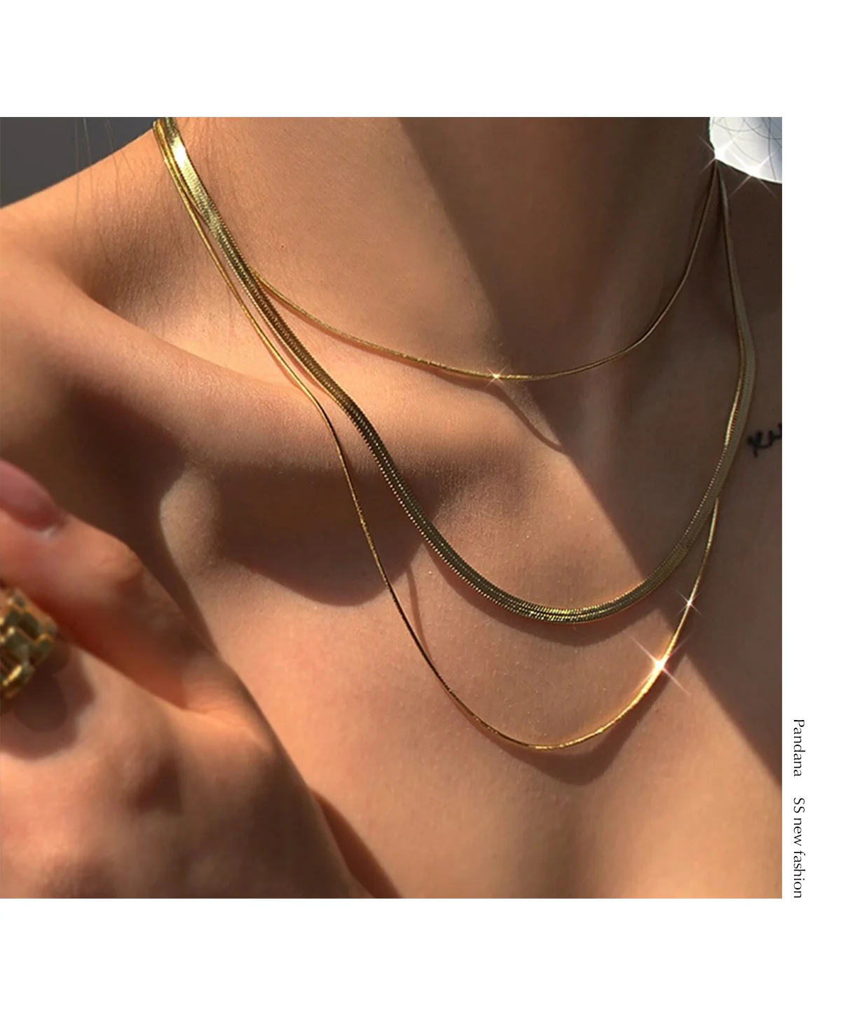 Dainty Snake Double layer Choker,Snake Chain Necklace,Herringbone Necklace,Gold Double Chain,Omega Chain Necklace,Thin Chain Necklace E020 - Image 5