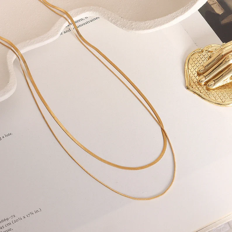 Dainty Snake Double layer Choker,Snake Chain Necklace,Herringbone Necklace,Gold Double Chain,Omega Chain Necklace,Thin Chain Necklace E020 - Image 8