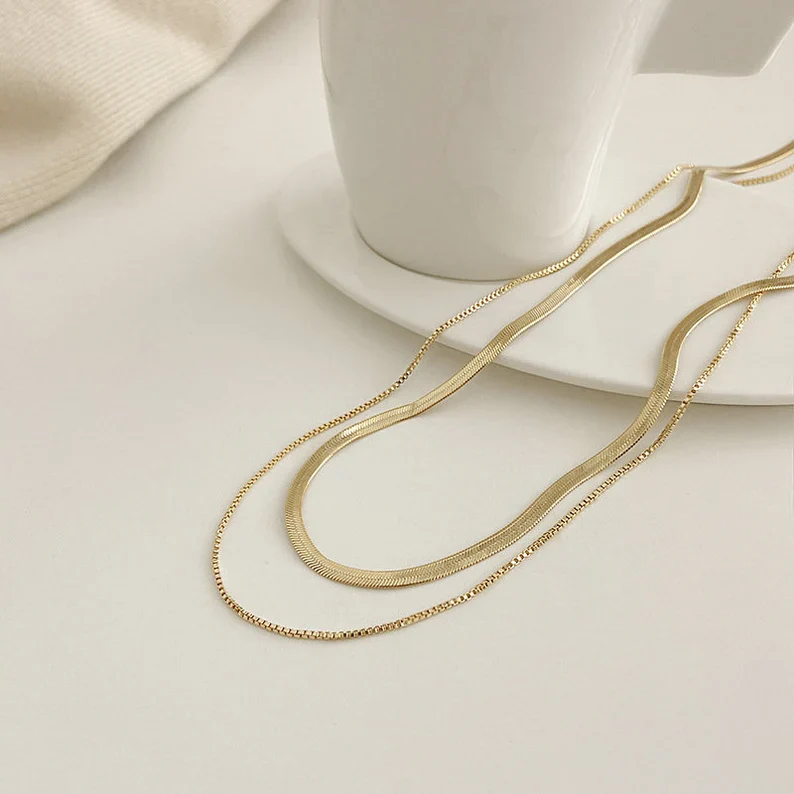 Dainty Snake Double layer Choker,Snake Chain Necklace,Herringbone Necklace,Gold Double Chain,Omega Chain Necklace,Thin Chain Necklace E020 - Image 9