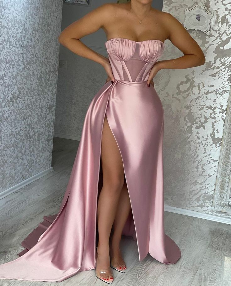 Dresses With Slit Satin Sleeveless Prom Dress Birthday Outfits P382 - Image 3