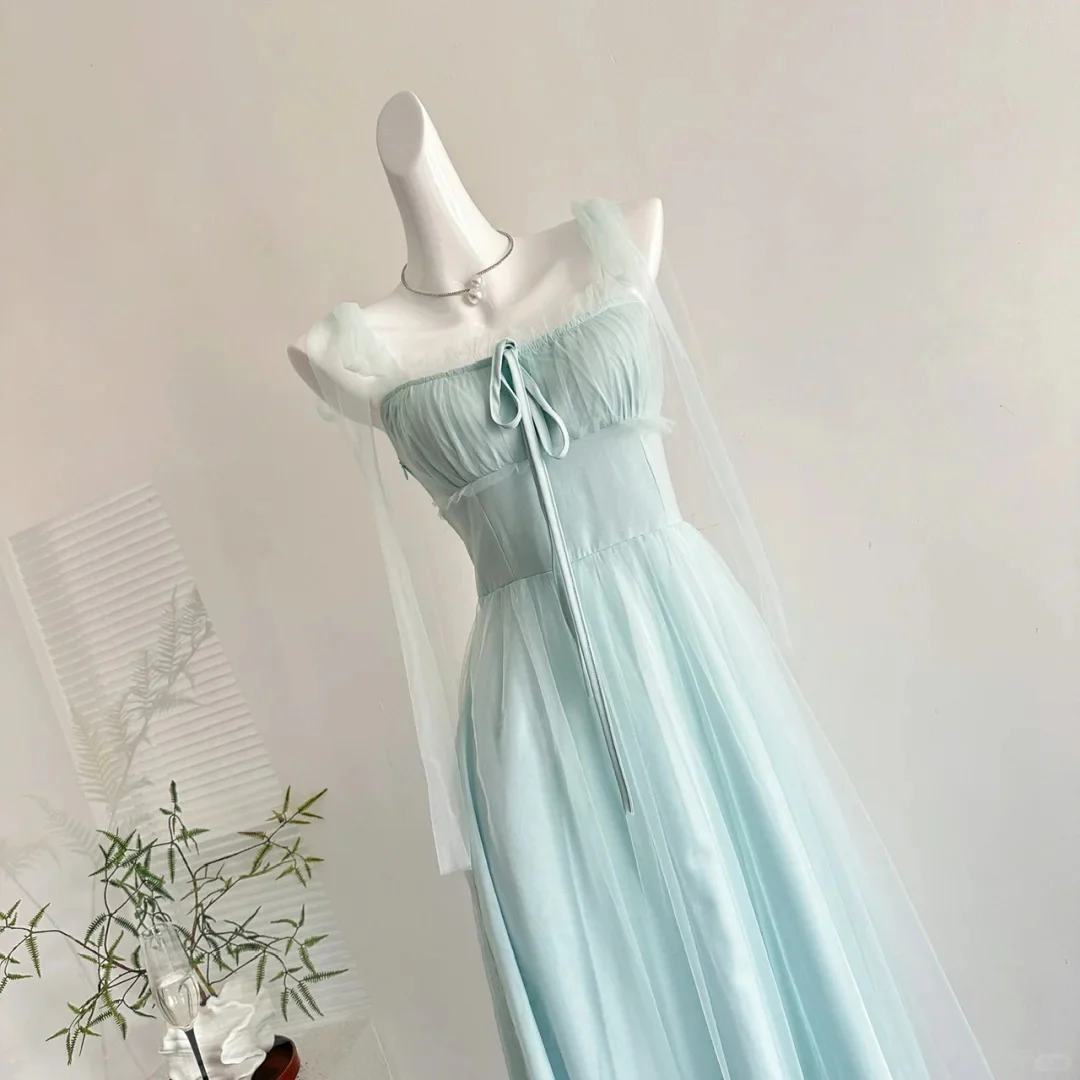 Elegant Light Blue A-line Square Neck Tulle Long Prom Dress Evening Dress Bridesmaid Dress P4008 - Image 4