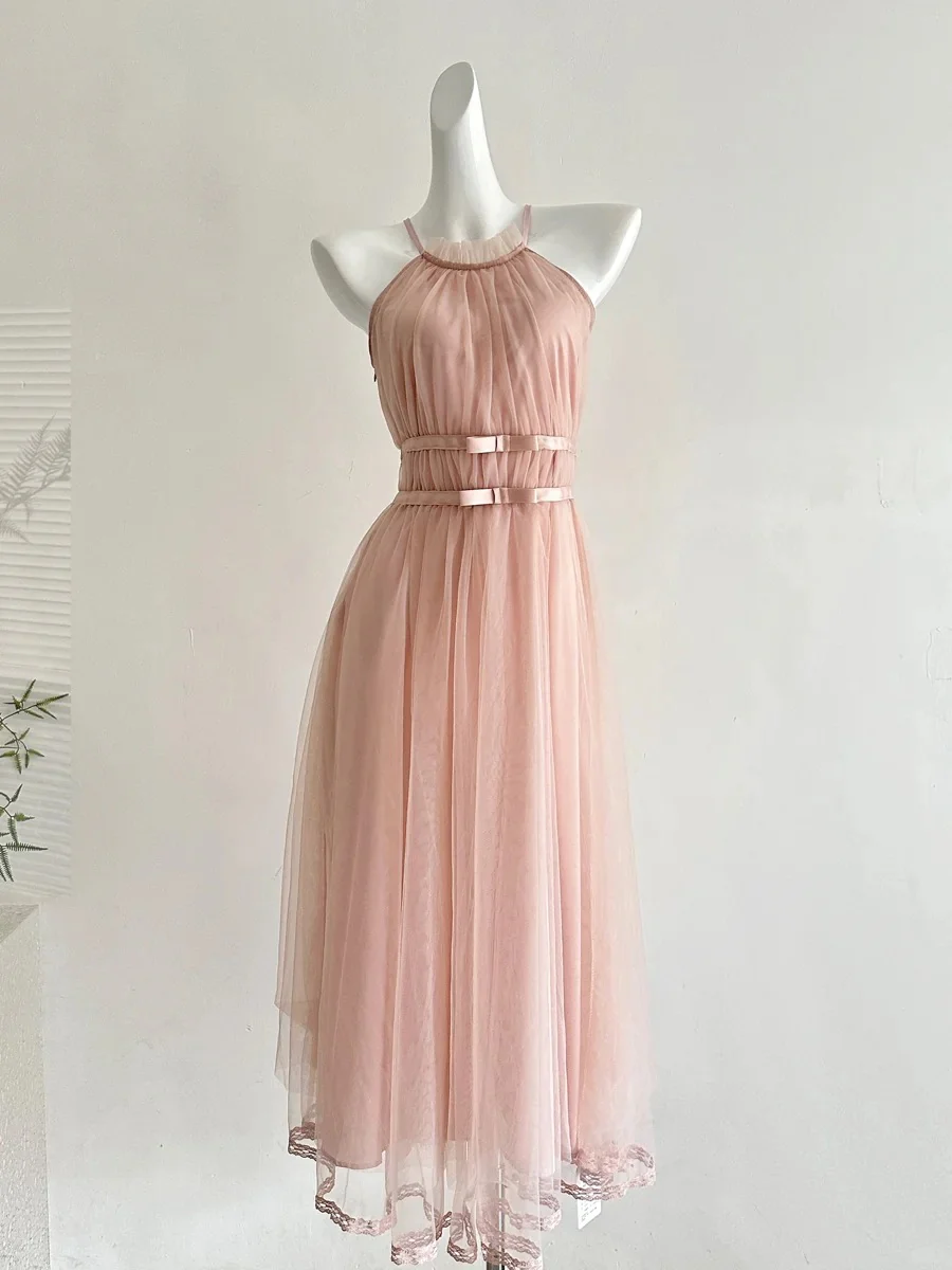 Elegant Pink A-line Halter Neck Waist Tulle Long Prom Dress Evening Dress Bridesmaid Dress P4002 - Image 3