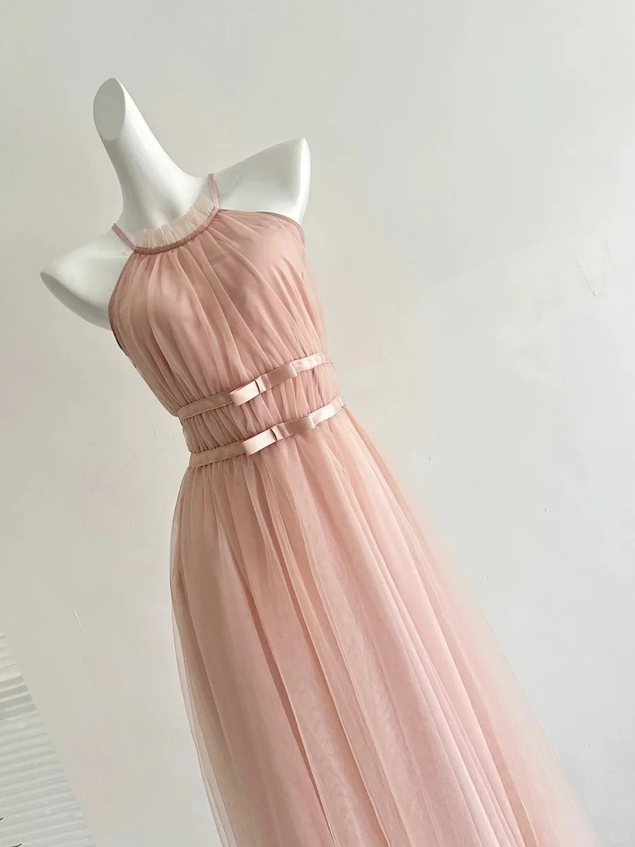 Elegant Pink A-line Halter Neck Waist Tulle Long Prom Dress Evening Dress Bridesmaid Dress P4002 - Image 5