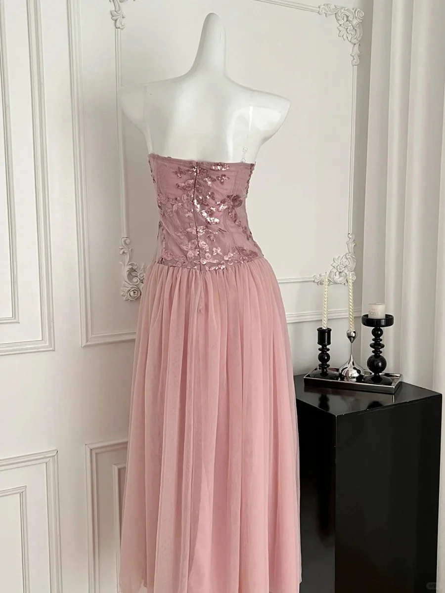 Elegant Pink A-line Tube Top Sequined Tulle Long Prom Dress Evening Dress Bridesmaid Dress P4010 - Image 3