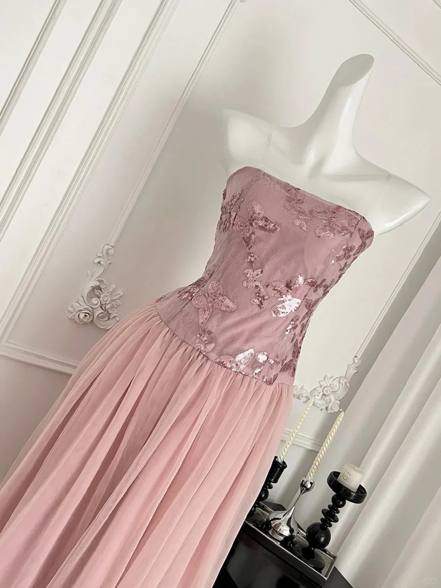 Elegant Pink A-line Tube Top Sequined Tulle Long Prom Dress Evening Dress Bridesmaid Dress P4010 - Image 4