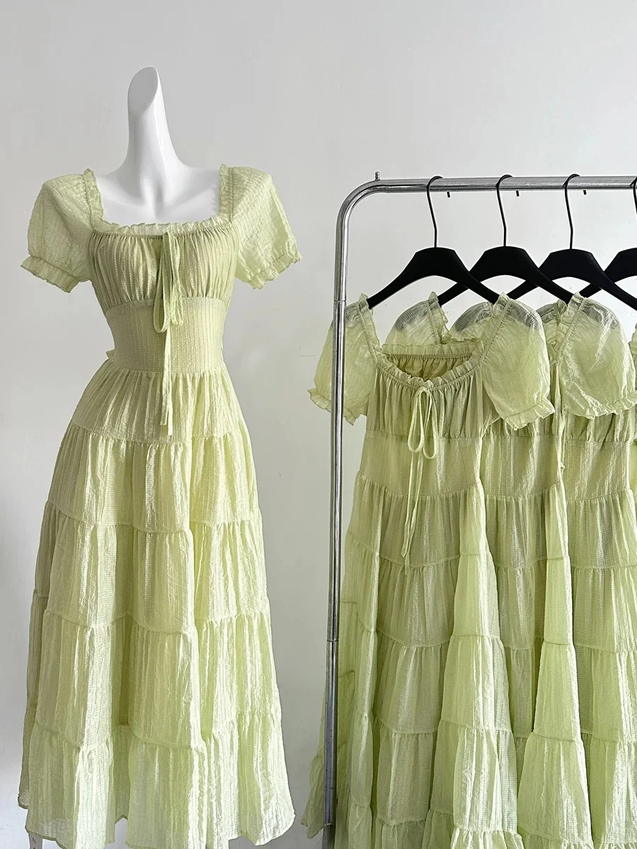 Fresh Light Green A-line Short-sleeved Back Hollow Long Prom Dress Bridesmaid Dress P4003 - Image 3