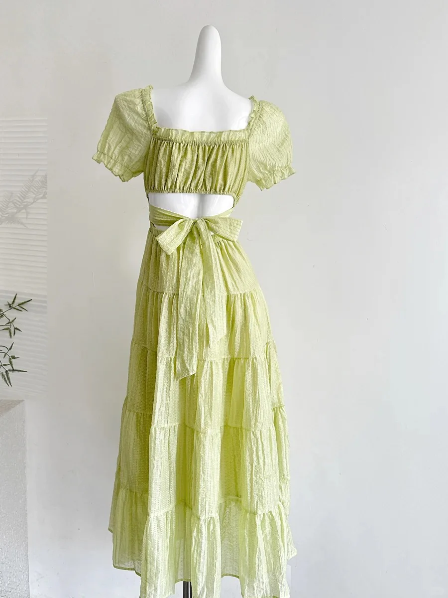 Fresh Light Green A-line Short-sleeved Back Hollow Long Prom Dress Bridesmaid Dress P4003 - Image 4