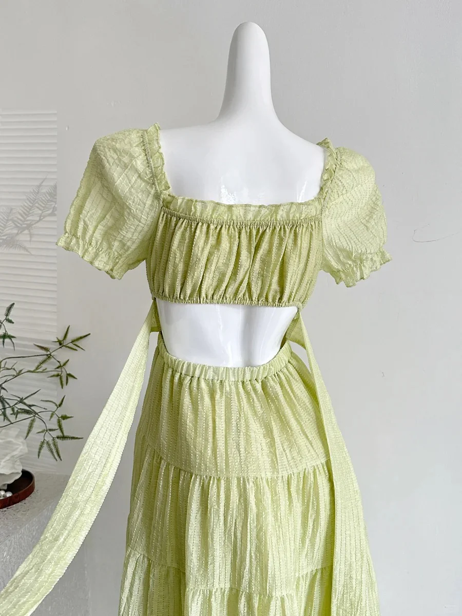 Fresh Light Green A-line Short-sleeved Back Hollow Long Prom Dress Bridesmaid Dress P4003 - Image 5