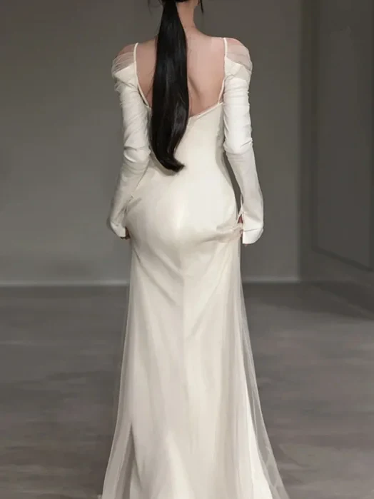 Mermaid Plain Spliced Off shoulder Satin Elegant Long Sleeve Wedding Dress P897 - Image 3