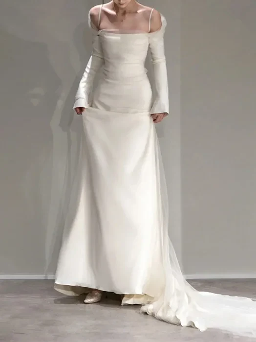 Mermaid Plain Spliced Off shoulder Satin Elegant Long Sleeve Wedding Dress P897 - Image 4
