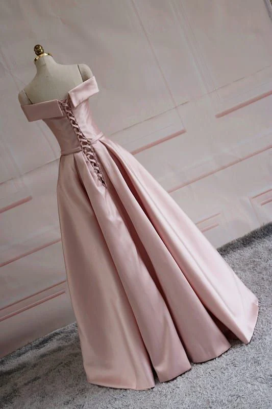 Modest Pink Satin Off The Shoulder Long Bridesmaid Dress Prom Dresses P2414 - Image 3
