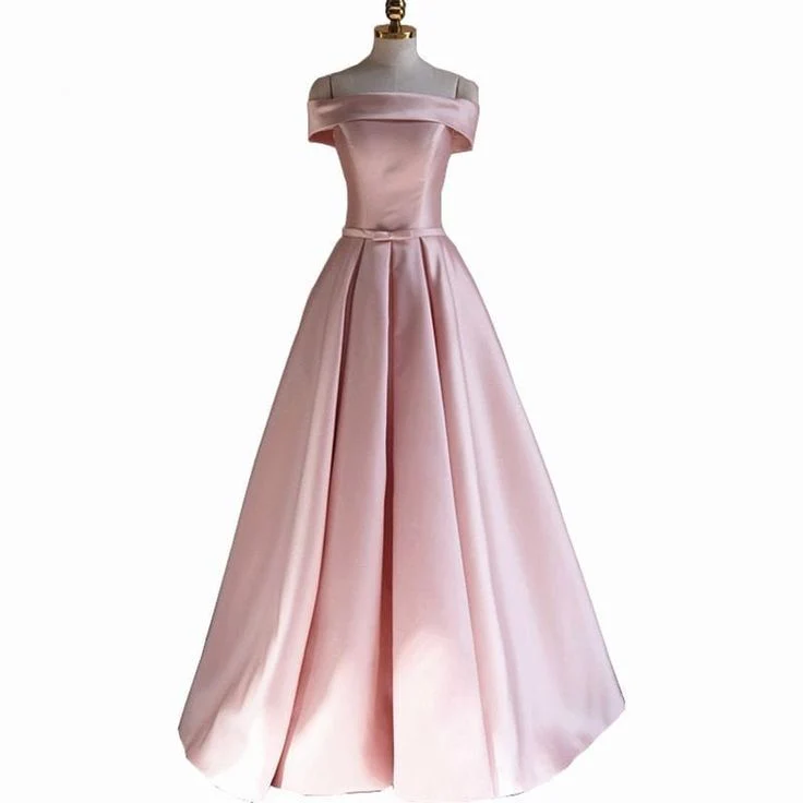 Modest Pink Satin Off The Shoulder Long Bridesmaid Dress Prom Dresses P2414 - Image 4
