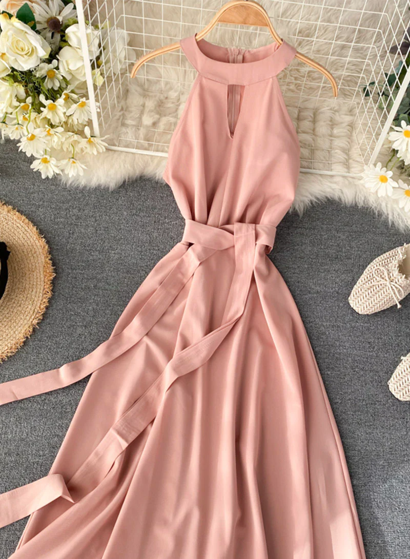 Pink A line chiffon halter dress summer dress 047 - Image 3