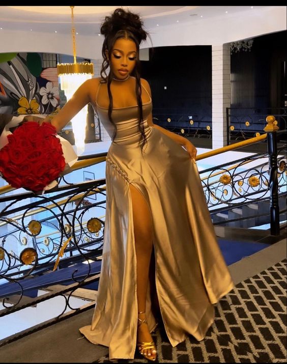 Prom Dresses With Slit Satin Sleeveless Prom Dress Birthday Outfits P383 - Image 3