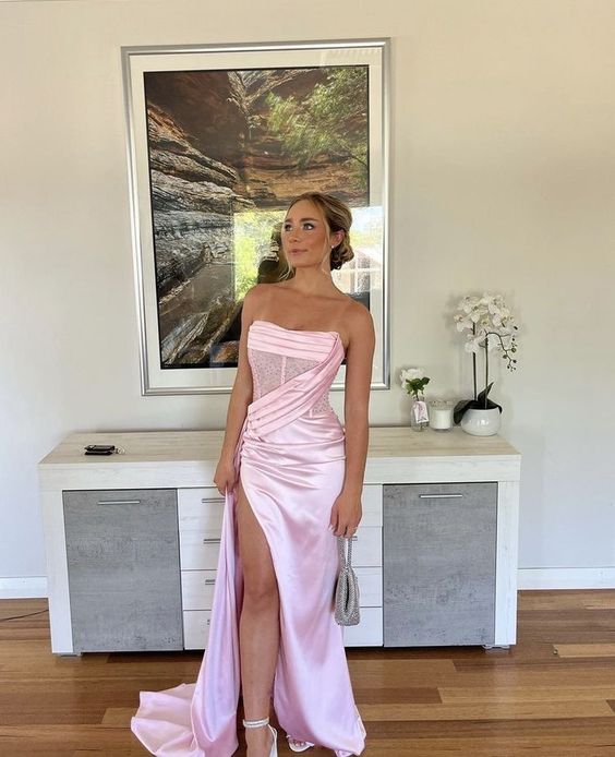 Sexy Birthday Dresses Pink Strapless Prom Dresses Slit Birthday Outfits P367 - Image 3