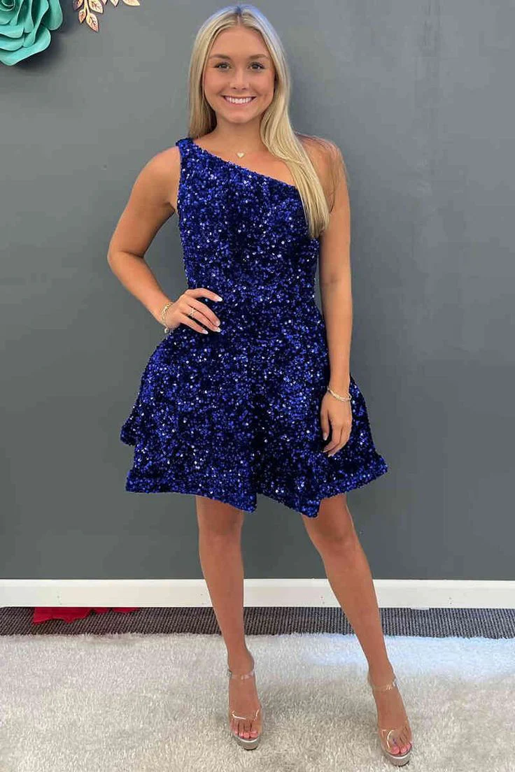 Simple A line Short Royal Blue Sequins Homecoming Dress P2287 - Image 4