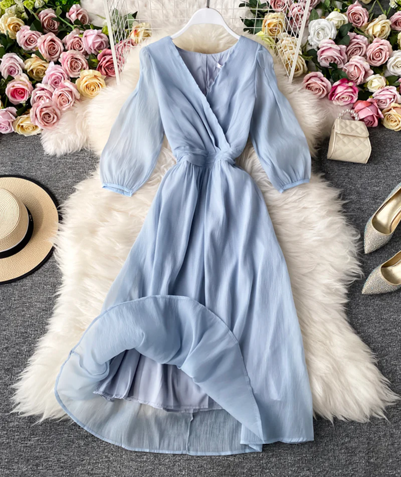 Simple A line v neck tulle dress women's dress 053 - Image 4