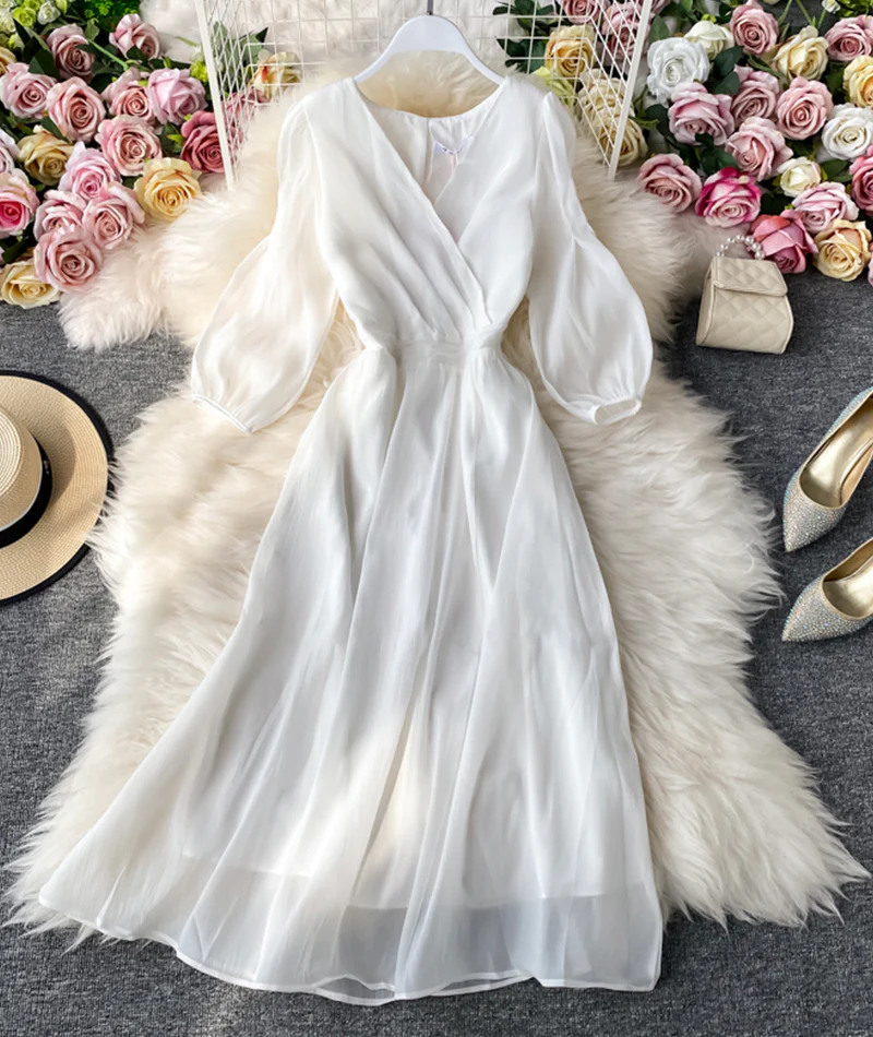 Simple A line v neck tulle dress women's dress 053 - Image 7