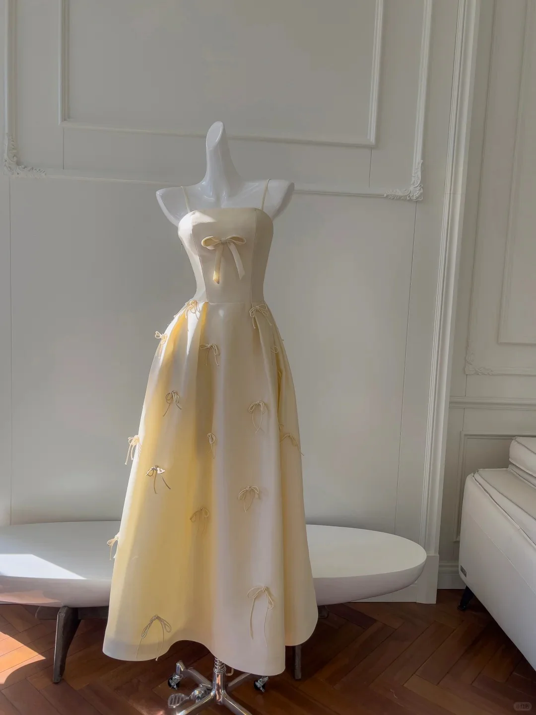 Sweet Light Yellow A-line Spaghetti Strap Bow Satin Long Prom Dress Evening Dress Bridesmaid Dress P4050 - Image 3