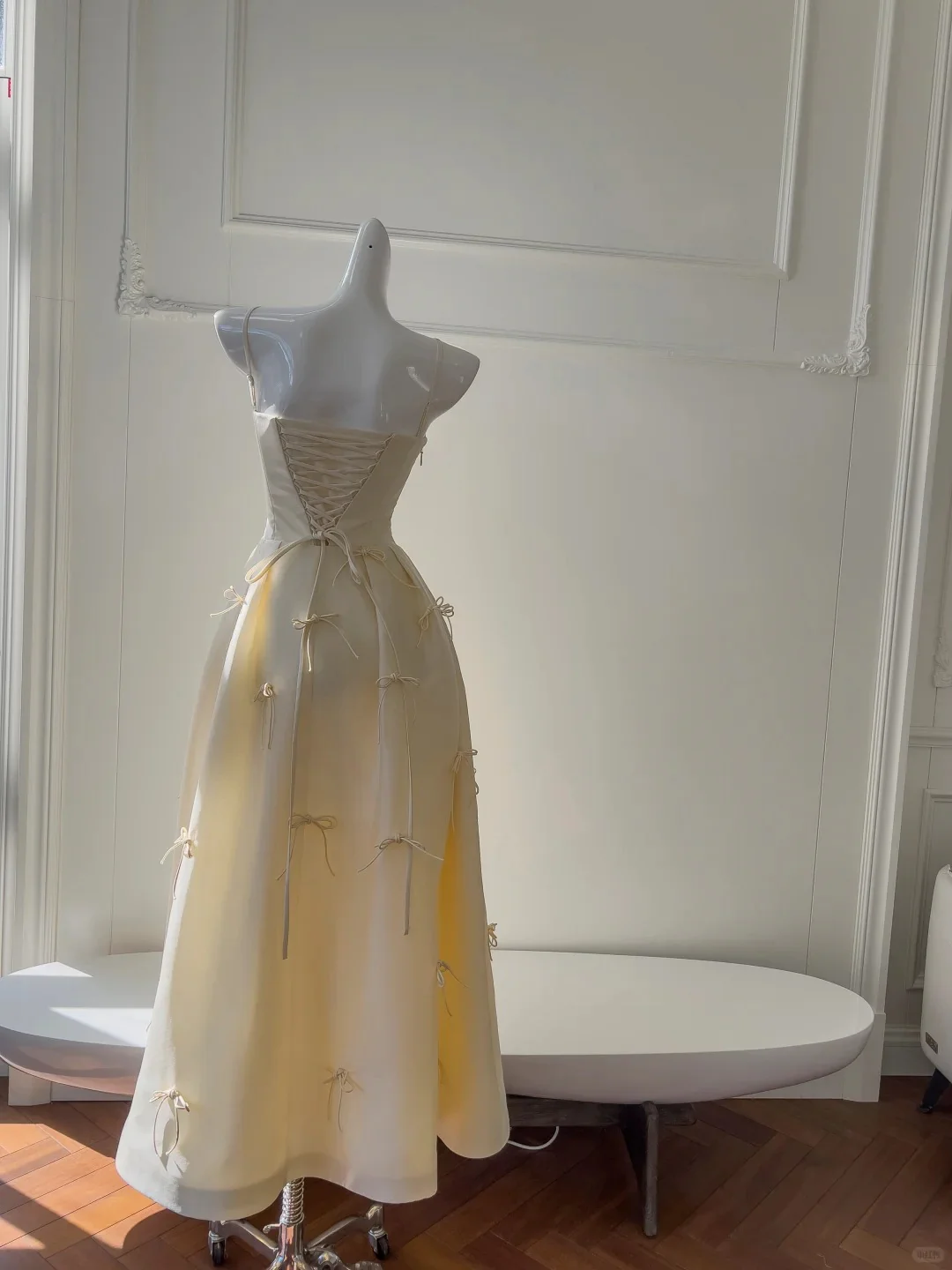 Sweet Light Yellow A-line Spaghetti Strap Bow Satin Long Prom Dress Evening Dress Bridesmaid Dress P4050 - Image 4