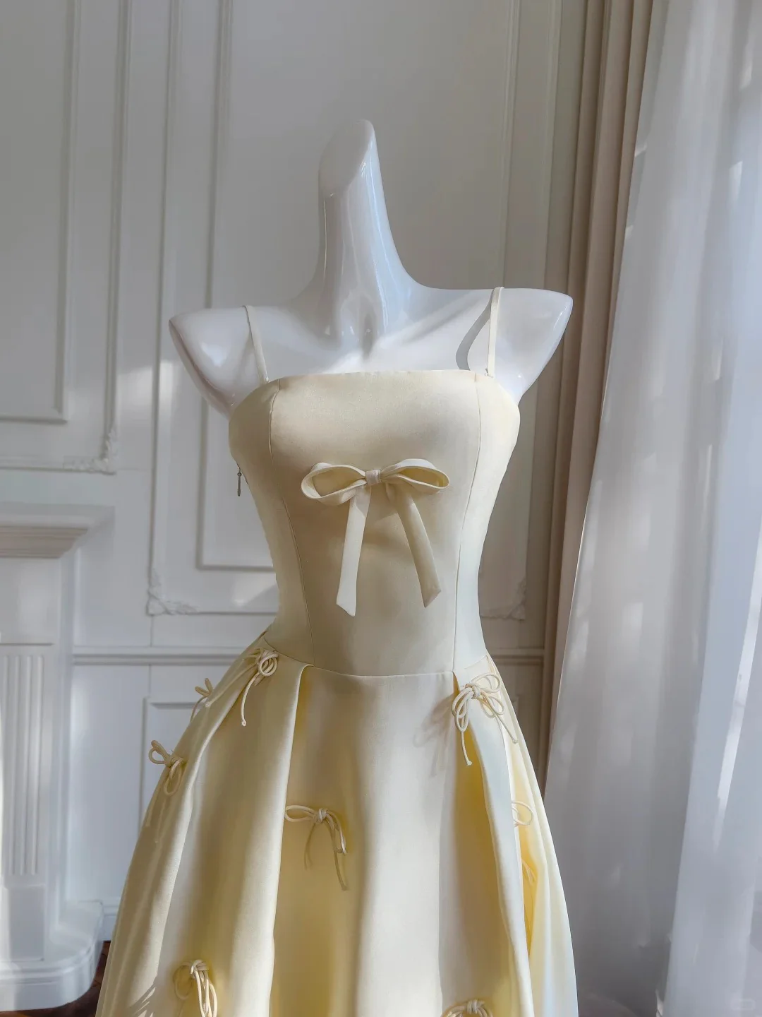 Sweet Light Yellow A-line Spaghetti Strap Bow Satin Long Prom Dress Evening Dress Bridesmaid Dress P4050 - Image 5