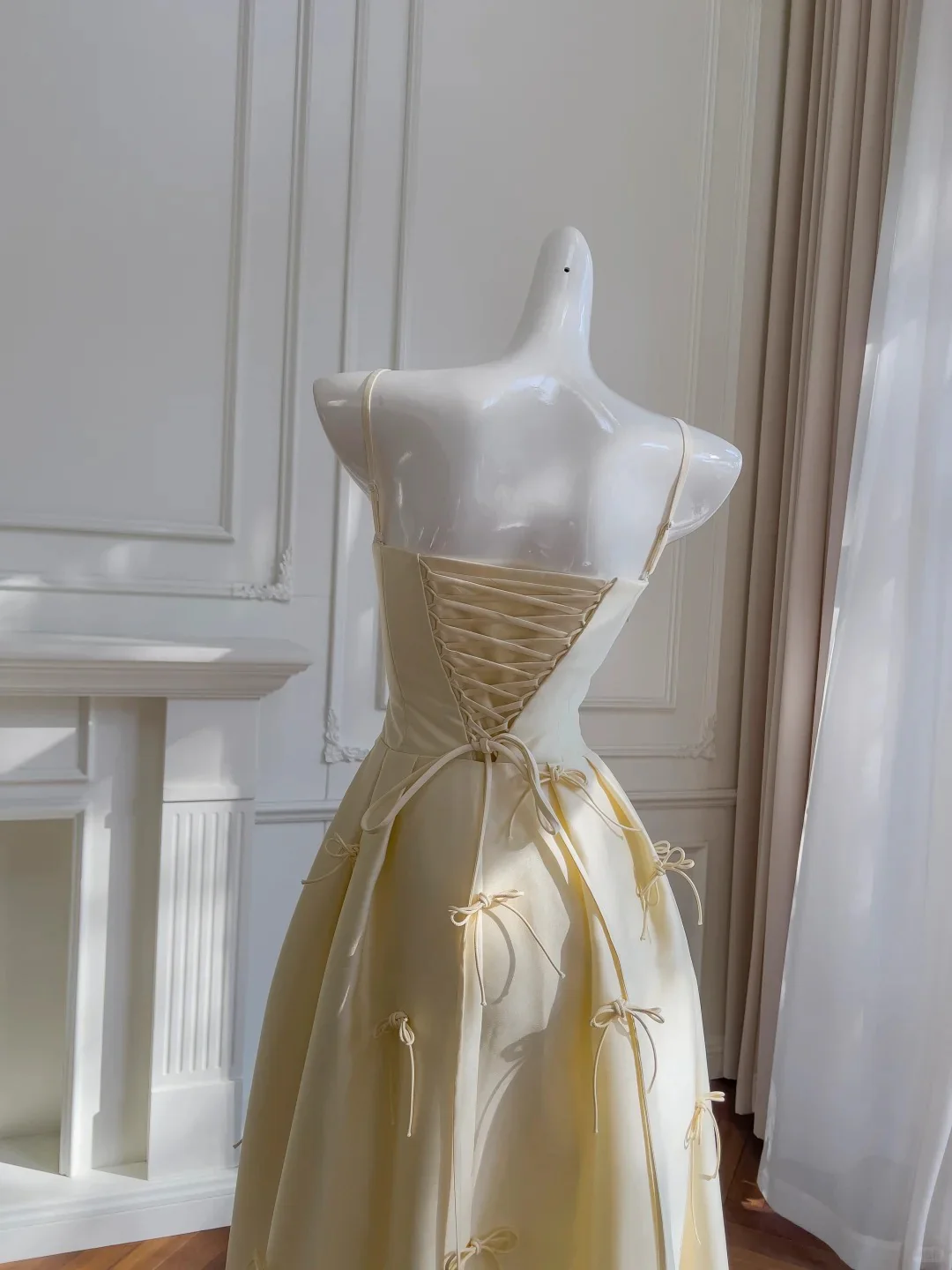 Sweet Light Yellow A-line Spaghetti Strap Bow Satin Long Prom Dress Evening Dress Bridesmaid Dress P4050 - Image 6