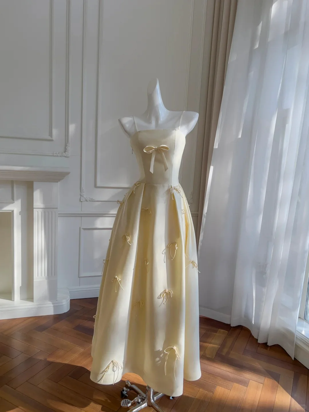 Sweet Light Yellow A-line Spaghetti Strap Bow Satin Long Prom Dress Evening Dress Bridesmaid Dress P4050 - Image 7