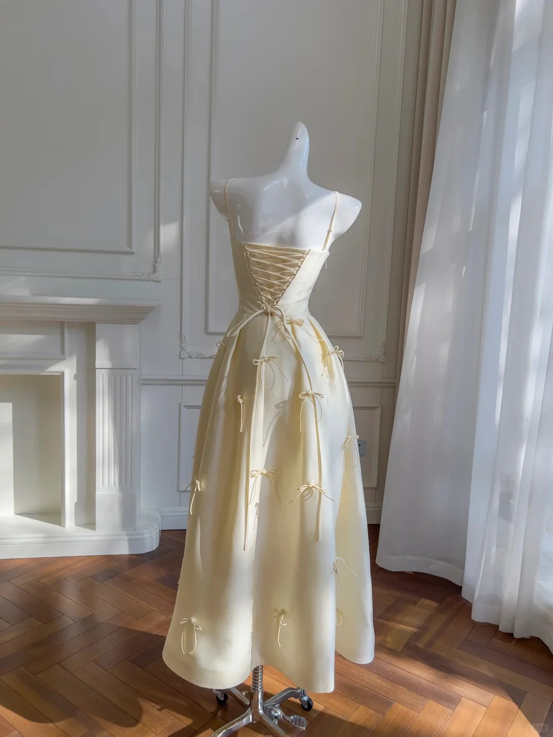 Sweet Light Yellow A-line Spaghetti Strap Bow Satin Long Prom Dress Evening Dress Bridesmaid Dress P4050 - Image 8