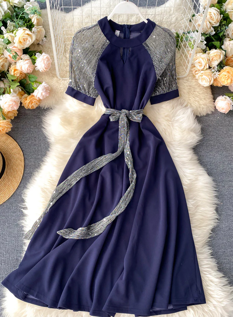 Unique A line round neck splicing short sleeve dress fashion dress 048 - Image 10