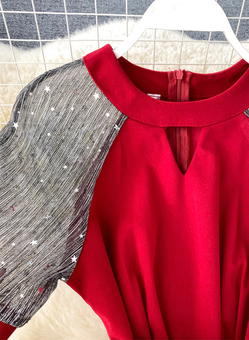 Unique A line round neck splicing short sleeve dress fashion dress 048 - Image 4