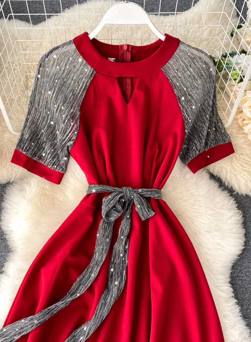 Unique A line round neck splicing short sleeve dress fashion dress 048 - Image 5