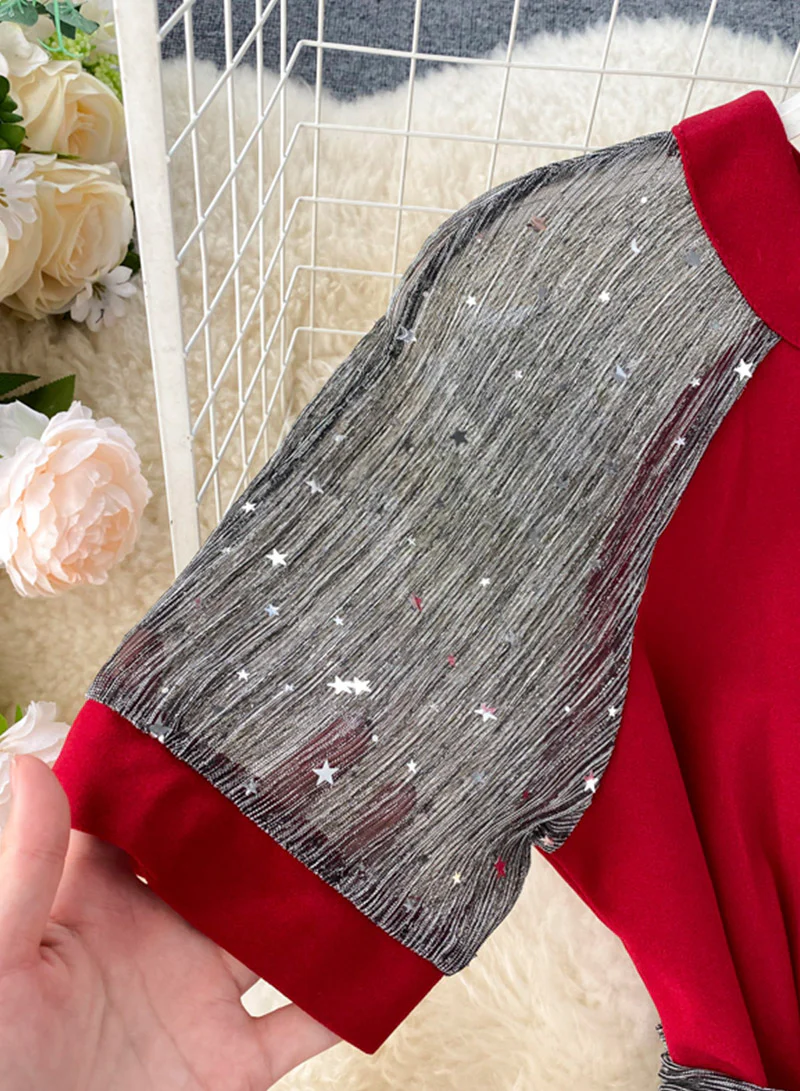 Unique A line round neck splicing short sleeve dress fashion dress 048 - Image 7