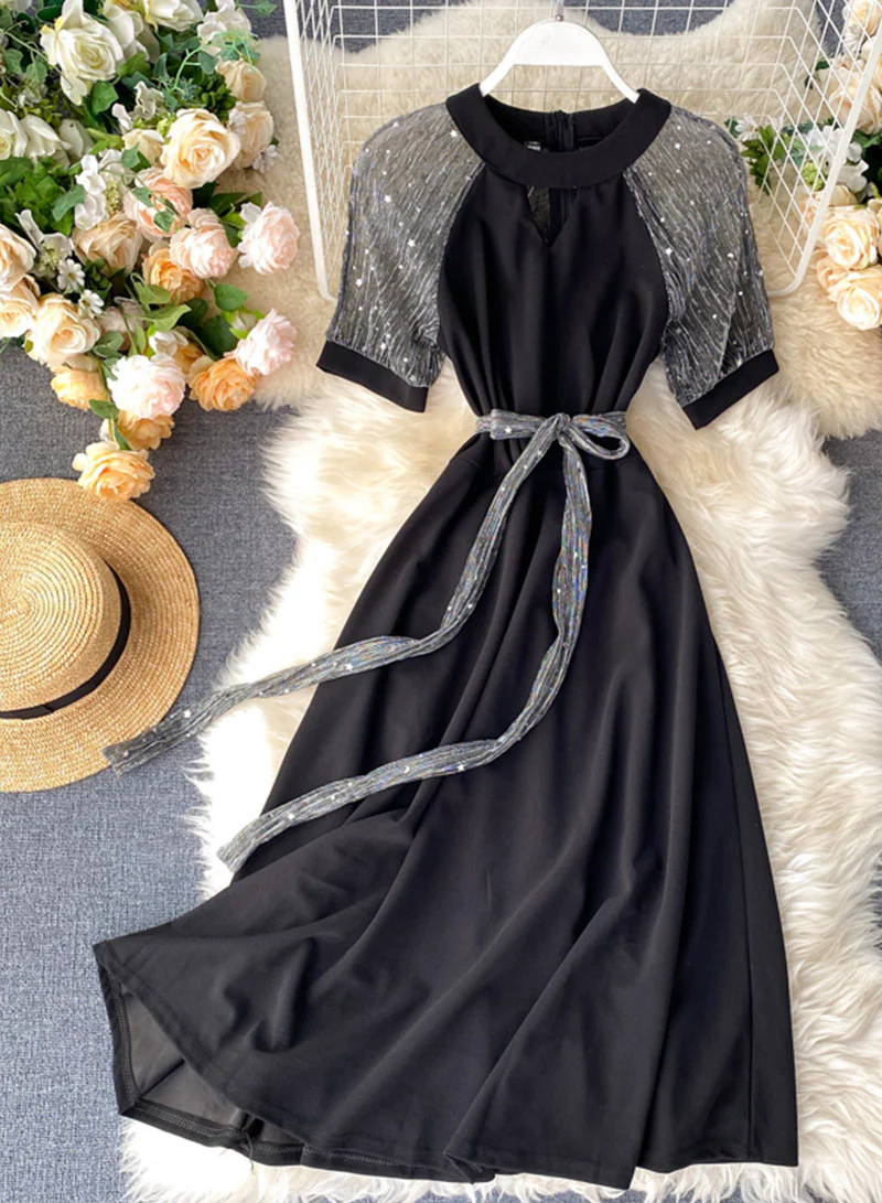 Unique A line round neck splicing short sleeve dress fashion dress 048 - Image 9