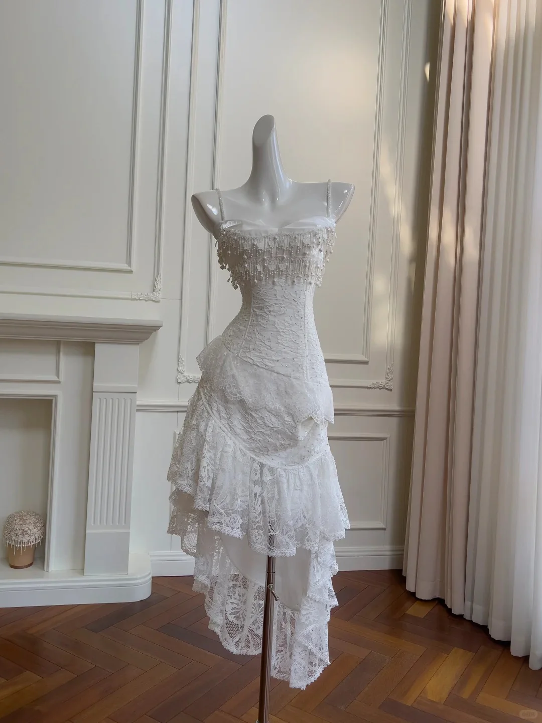 Vintage Gorgeous White Irregular Strap Pearl Lace Prom Dress Evening Dress Bridesmaid Dress P4058 - Image 3