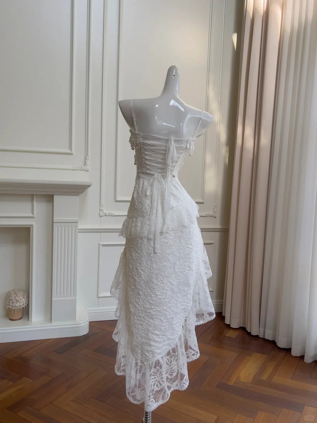 Vintage Gorgeous White Irregular Strap Pearl Lace Prom Dress Evening Dress Bridesmaid Dress P4058 - Image 4