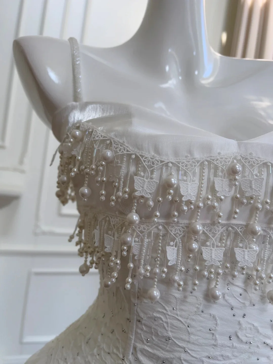 Vintage Gorgeous White Irregular Strap Pearl Lace Prom Dress Evening Dress Bridesmaid Dress P4058 - Image 5